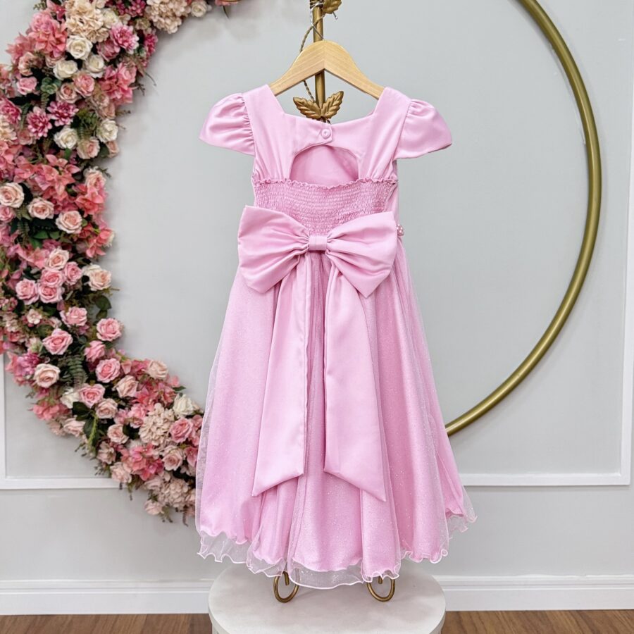 Vestido Infantil Rosa Busto Drapeado Tule Glitter Crepe