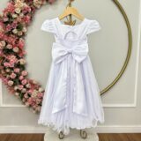 Vestido Infantil Branco Saia Tule Glitter e Cinto Pérolas