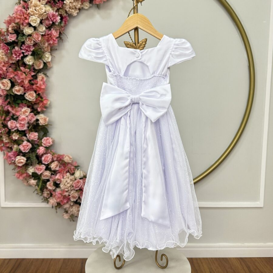 Vestido Infantil Branco Saia Tule Glitter e Cinto Pérolas