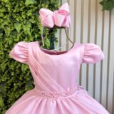 Vestido Infantil Rosa Busto Drapeado Tule Glitter Crepe