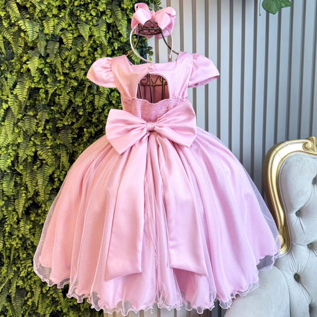 Vestido Infantil Rosa Busto Drapeado Tule Glitter Crepe