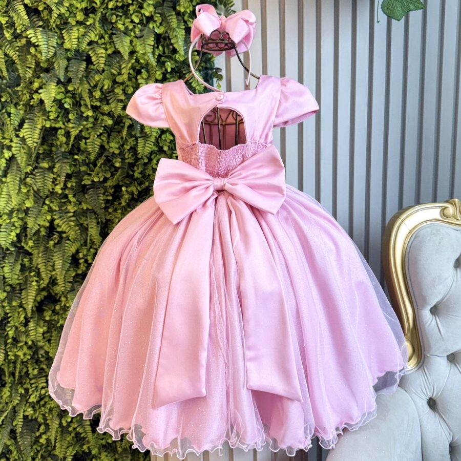 Vestido Infantil Rosa Busto Drapeado Tule Glitter Crepe