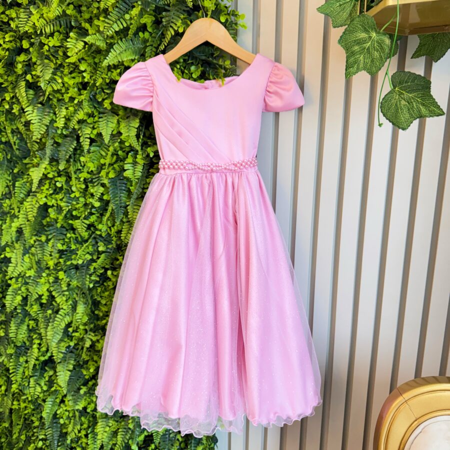 Vestido Infantil Rosa Busto Drapeado Tule Glitter Crepe