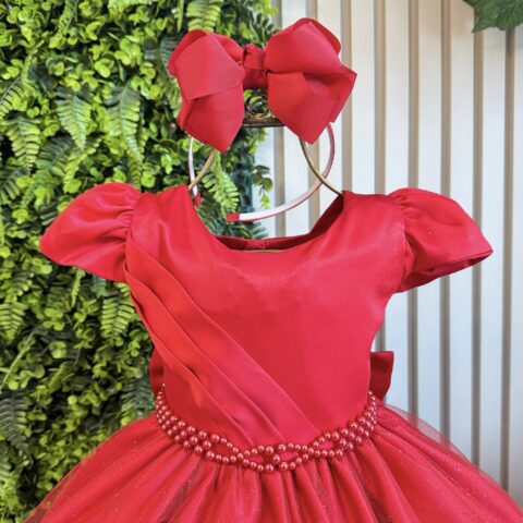 Vestido Infantil Vermelho Busto Drapeado Saia Tule com Glitter, Crepe Amanda, com Cinto Pérolas
