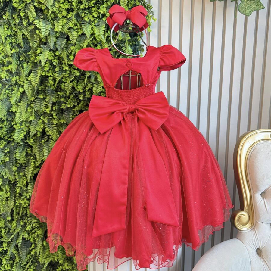 Vestido Infantil Vermelho Busto Drapeado Tule Glitter Crepe