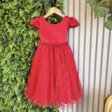 Vestido Infantil Vermelho Busto Drapeado Tule Glitter Crepe