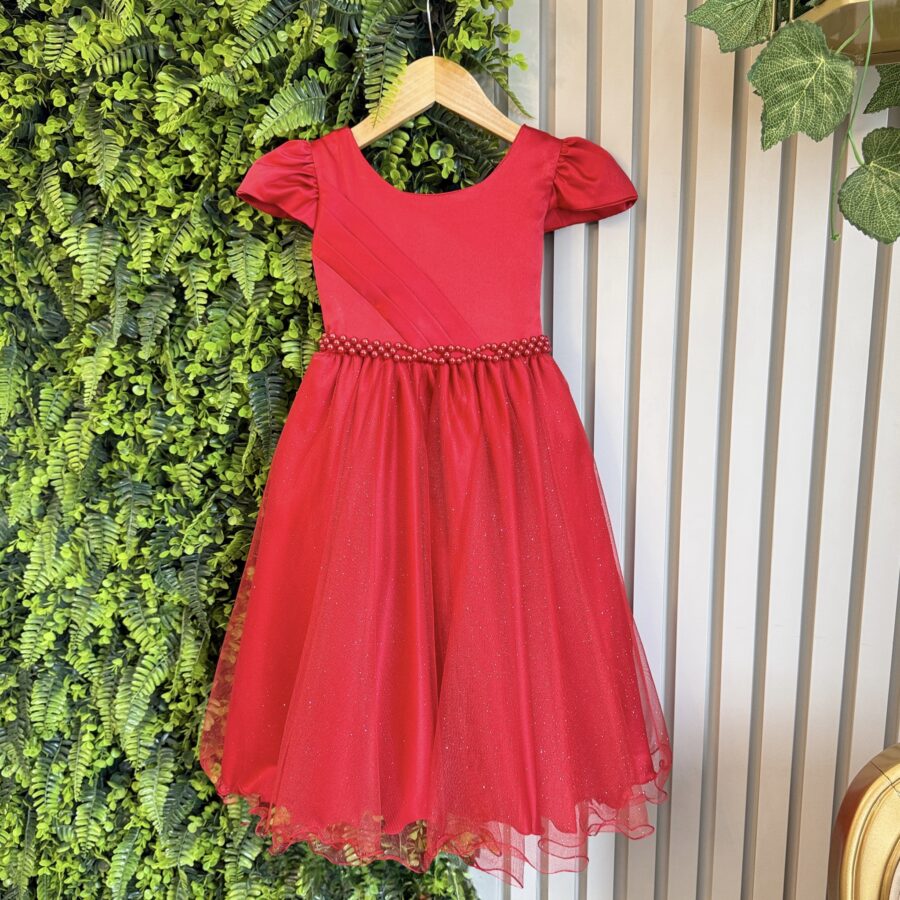 Vestido Infantil Vermelho Busto Drapeado Tule Glitter Crepe