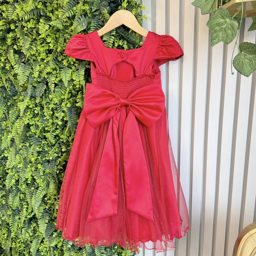 Vestido Infantil Vermelho Busto Drapeado Tule Glitter Crepe