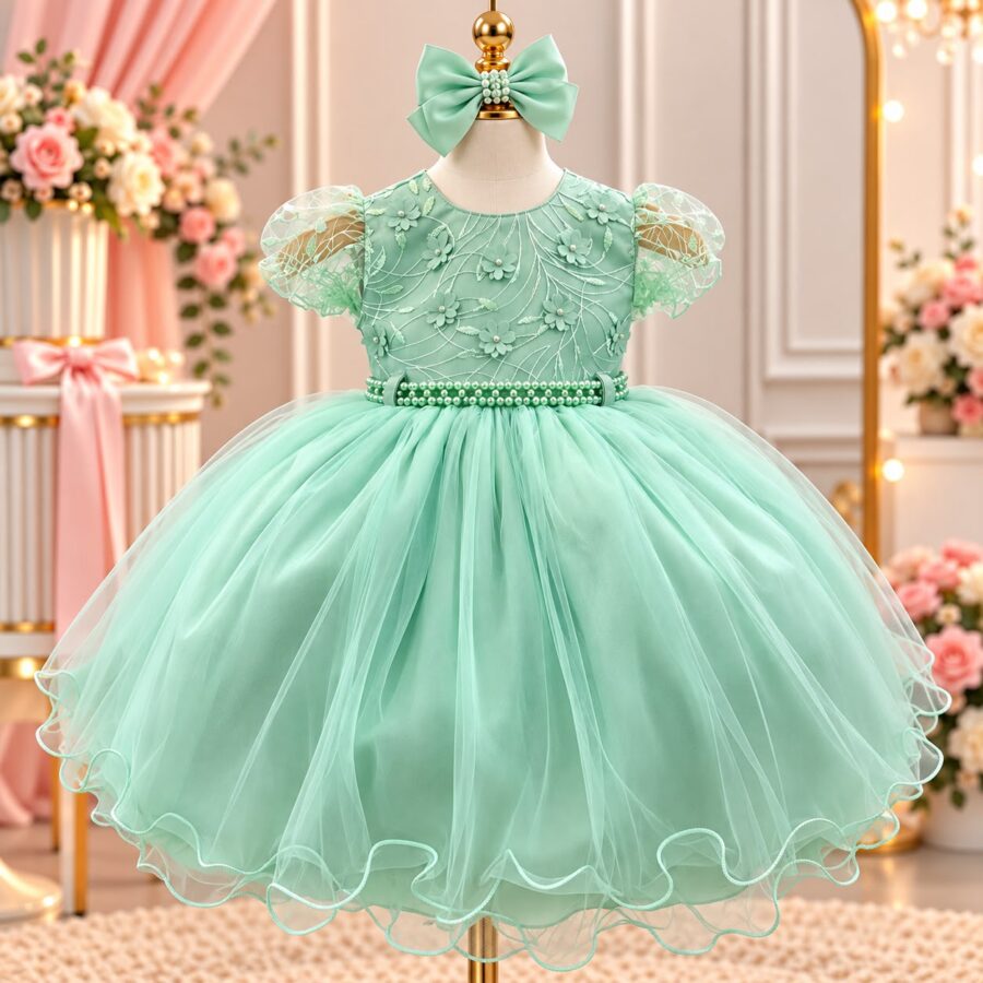 Vestido de Bebê Alice Beatriz Menina Bonita Verde Menta