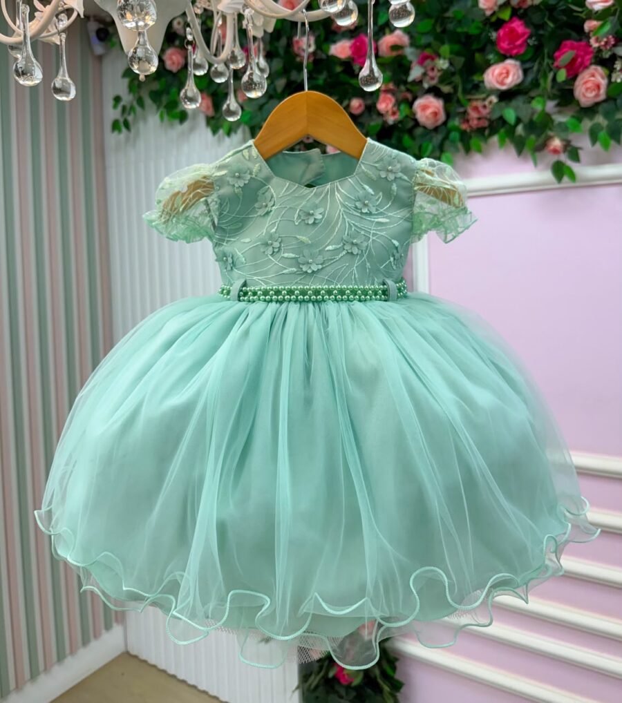 Vestido de Bebê Alice Beatriz Menina Bonita Verde Menta