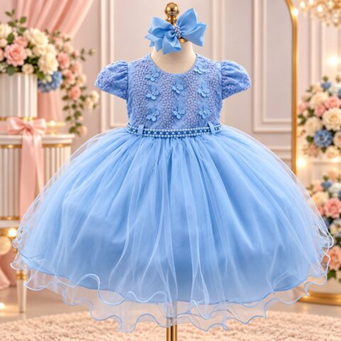 Vestido de Bebê Alice Vitória Menina Bonita Azul Bebê