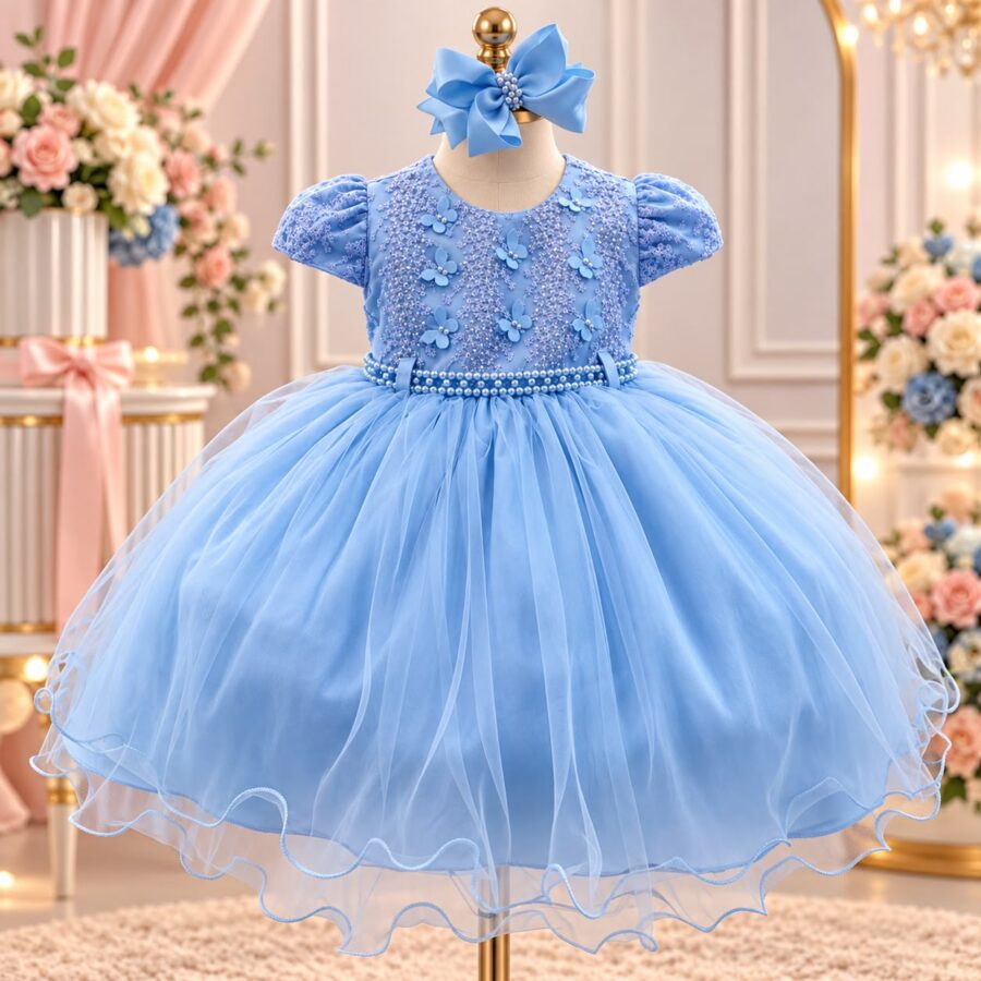 Vestido de Bebê Alice Vitória Menina Bonita Azul Bebê