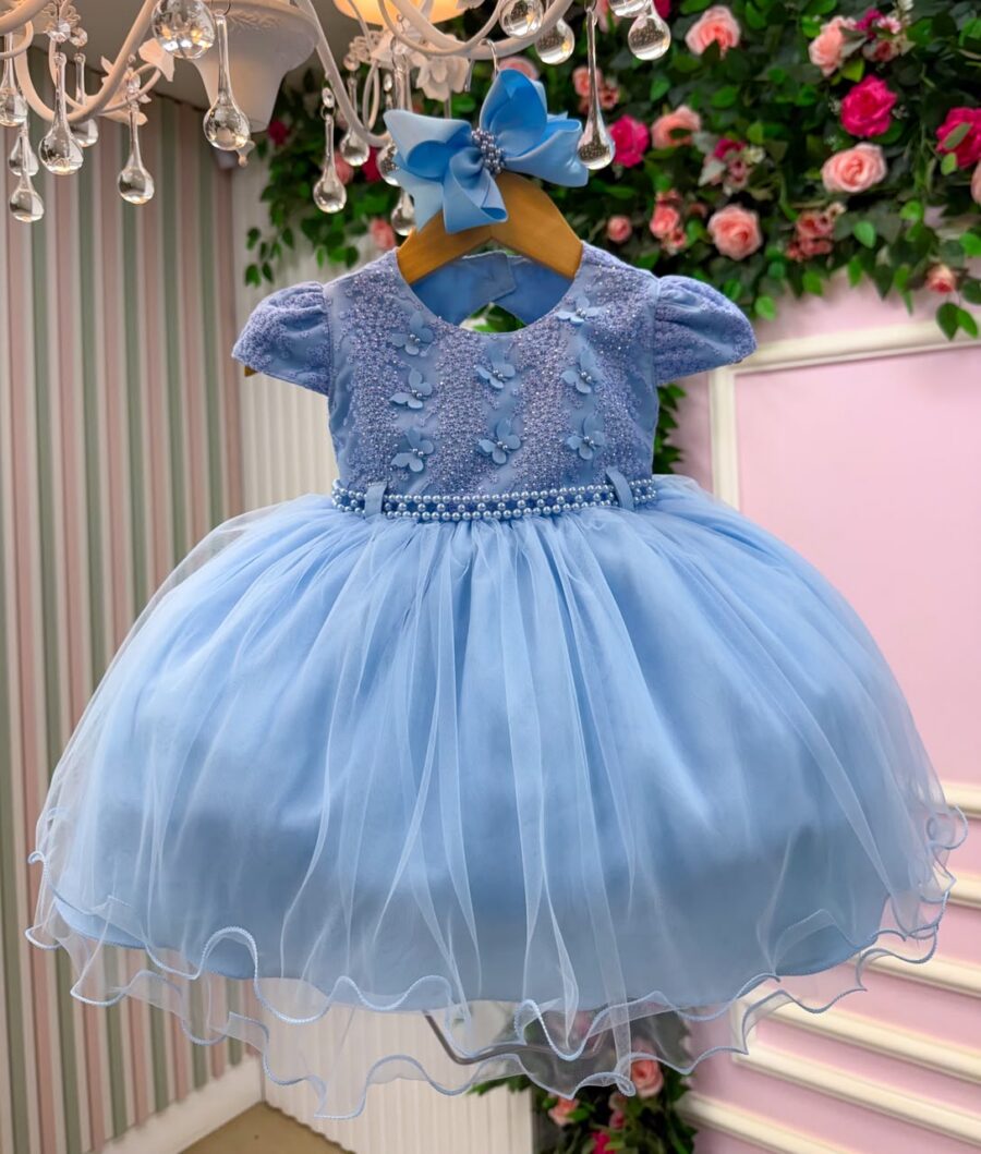 Vestido de Bebê Alice Vitória Menina Bonita Azul Bebê