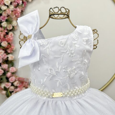 Vestido Infantil Longo Branco Dama Renda e Tule Glitter