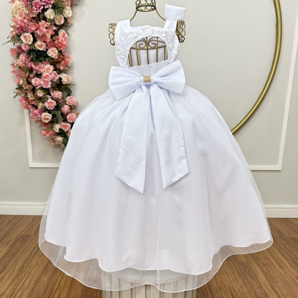 Vestido Infantil Longo Branco Dama Renda e Tule Glitter