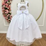 Vestido Infantil Longo Branco Dama Renda e Tule Glitter
