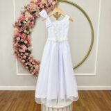 Vestido Infantil Longo Branco Dama Renda e Tule Glitter