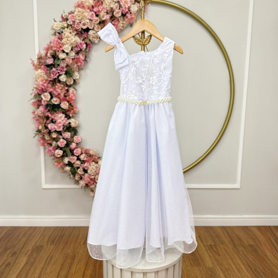 Vestido Infantil Longo Branco Dama Renda e Tule Glitter