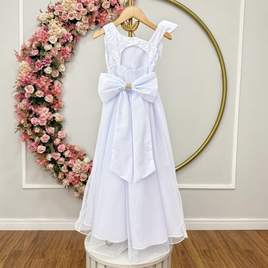 Vestido Infantil Longo Branco Dama Renda e Tule Glitter