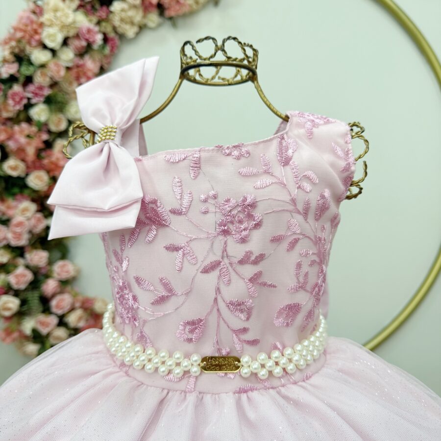 Vestido Infantil Longo Rosa Bebê Busto Renda Festa