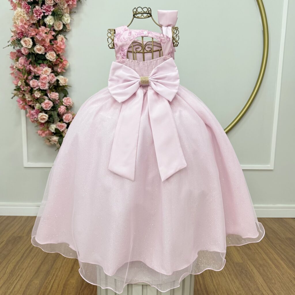 Vestido Infantil Longo Rosa Bebê Busto Renda Festa