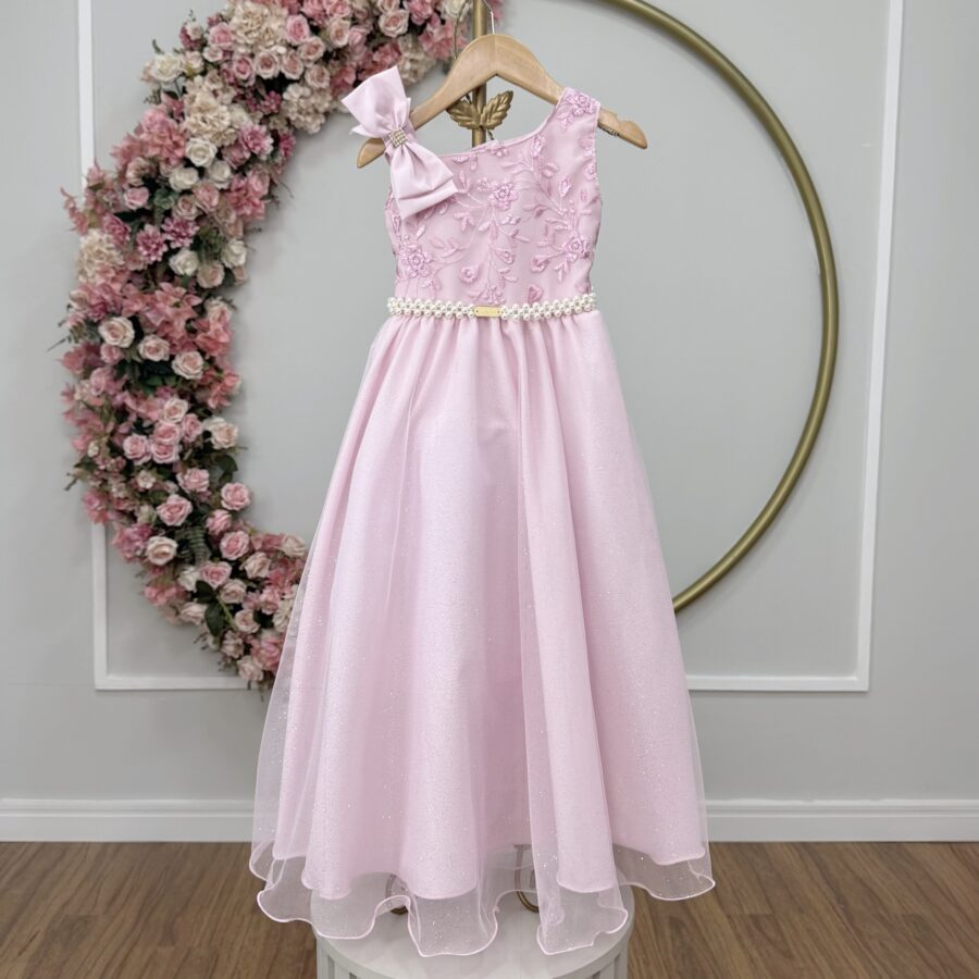 Vestido Infantil Longo Rosa Bebê Busto Renda Festa