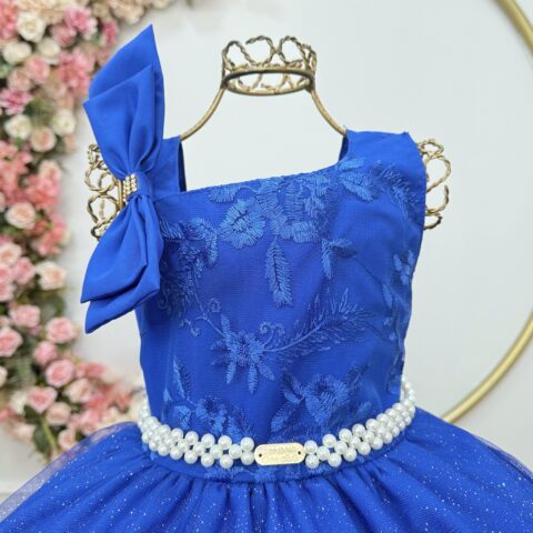 Vestido Infantil Longo Azul Royal Busto Renda Festa