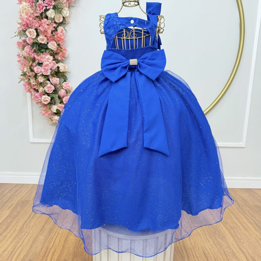 Vestido Infantil Longo Azul Royal Busto Renda Festa