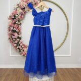 Vestido Infantil Longo Azul Royal Busto Renda Festa