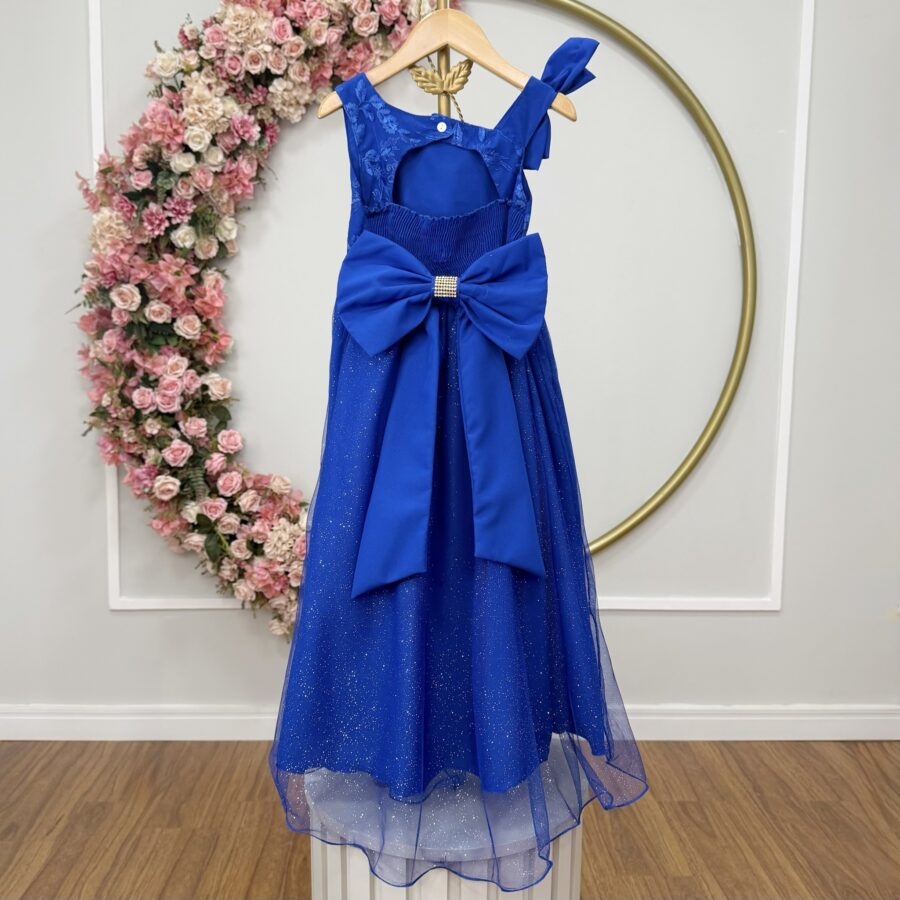 Vestido Infantil Longo Azul Royal Busto Renda Festa