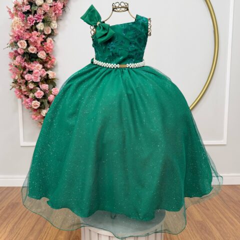 Vestido Infantil Longo Verde Bandeira Busto Renda Festa
