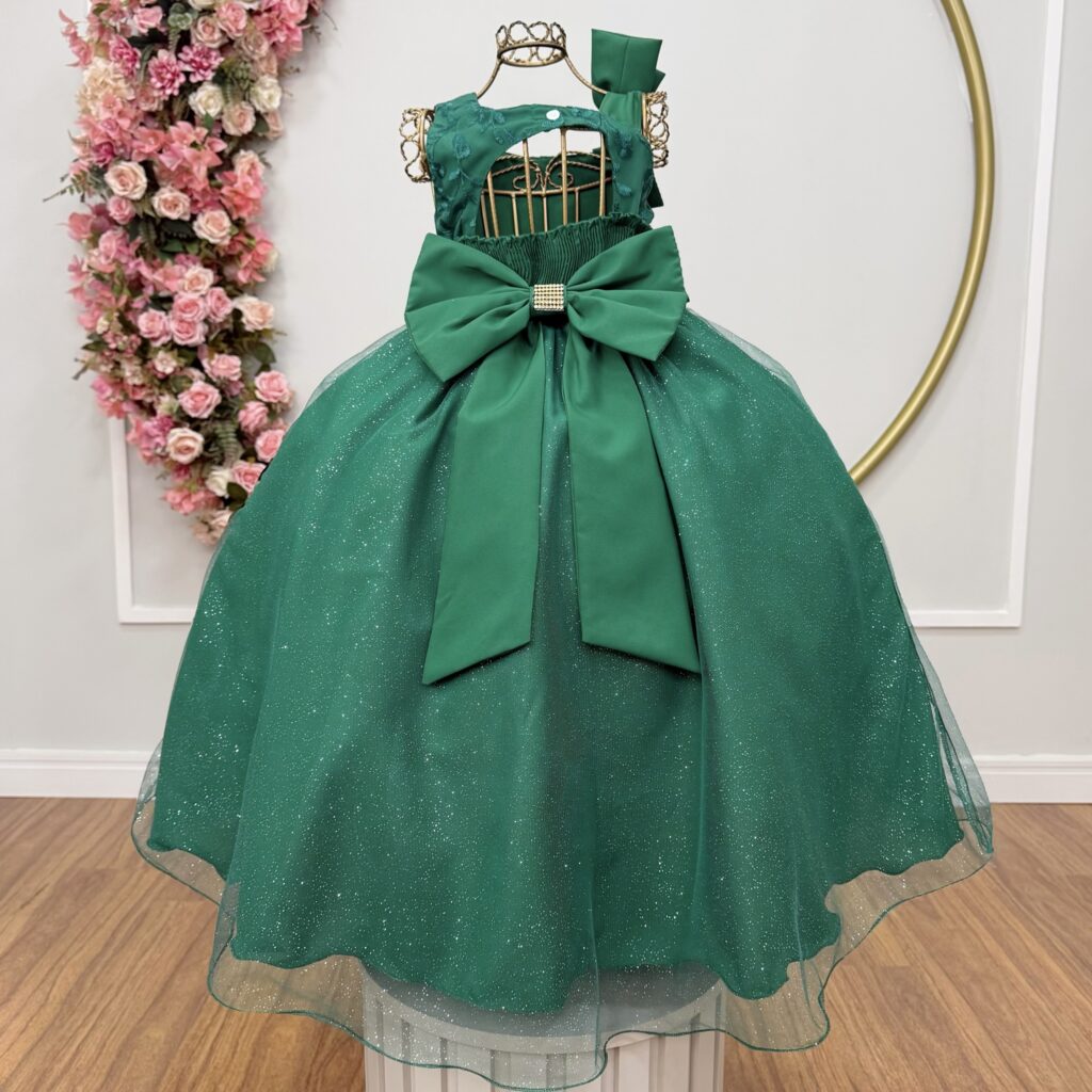 Vestido Infantil Longo Verde Bandeira Busto Renda Festa