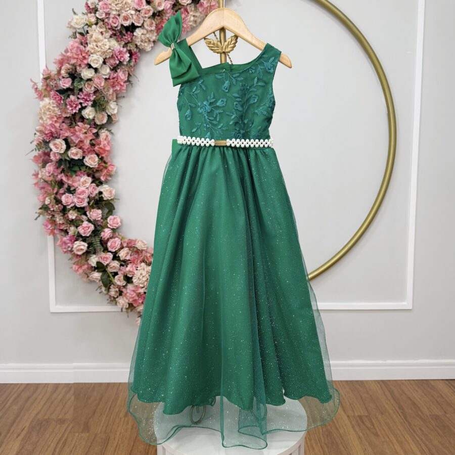 Vestido Infantil Longo Verde Bandeira Busto Renda Festa