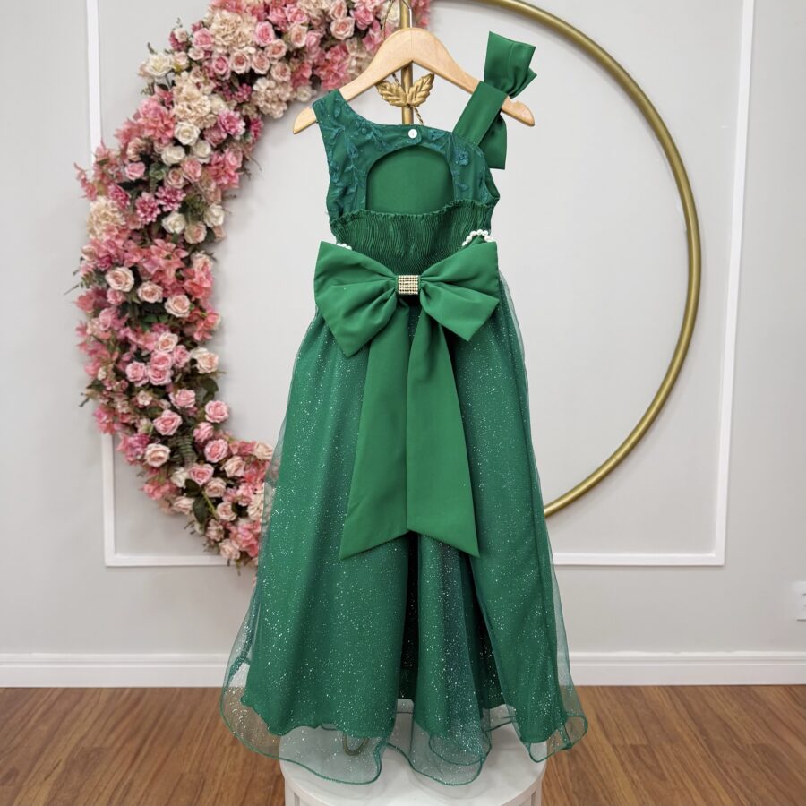 Vestido Infantil Longo Verde Bandeira Busto Renda Festa