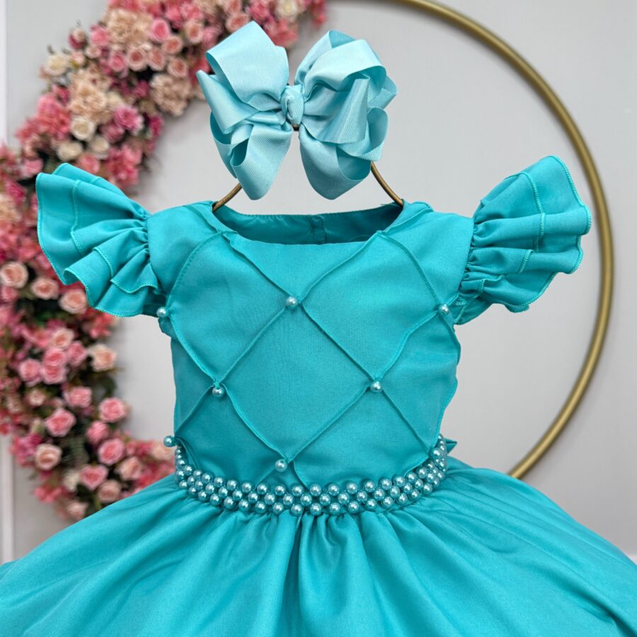 Vestido Infantil Festa Verde Busto Nervura com Pérolas