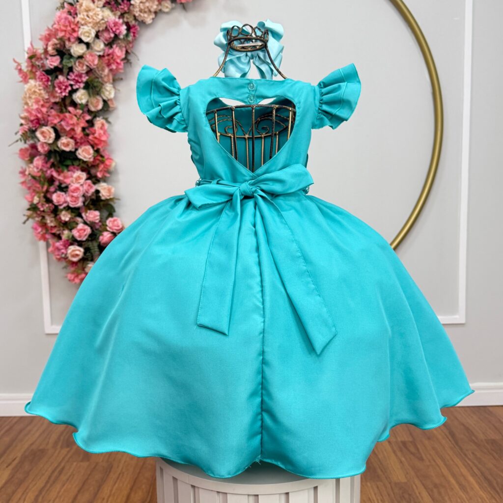 Vestido Infantil Festa Verde Busto Nervura com Pérolas