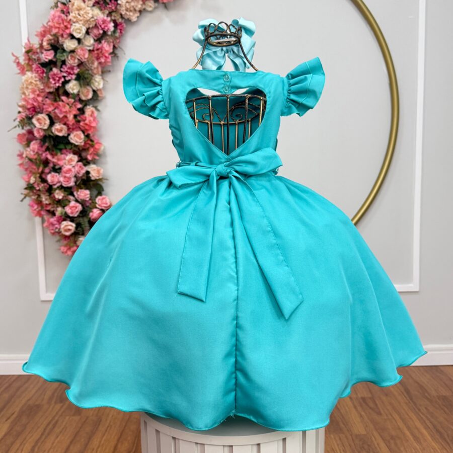 Vestido Infantil Festa Verde Busto Nervura com Pérolas