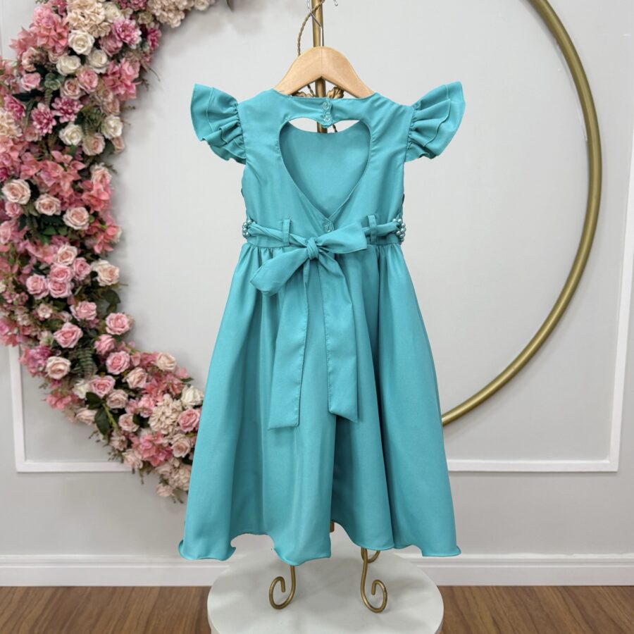 Vestido Infantil Festa Verde Busto Nervura com Pérolas