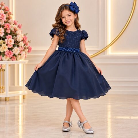 Vestido Infantil Azul Marinho Busto com Renda Cinto Pérolas