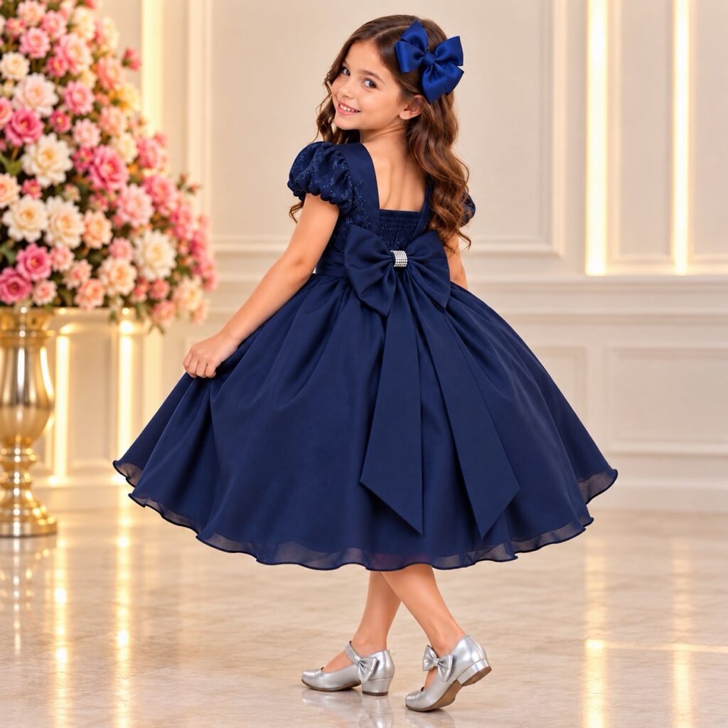 Vestido Infantil Azul Marinho Busto com Renda Cinto Pérolas