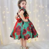 Vestido Infantil Verde Florido de Rosas Festa de Natal