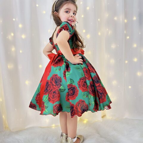 Vestido Infantil Verde Florido de Rosas Festa de Natal