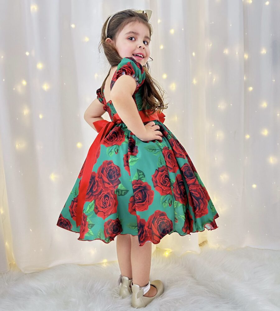 Vestido Infantil Verde Florido de Rosas Festa de Natal