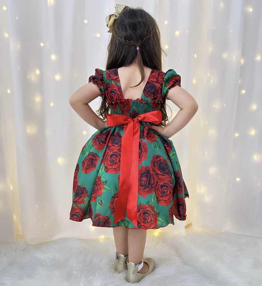 Vestido Infantil Verde Florido de Rosas Festa de Natal
