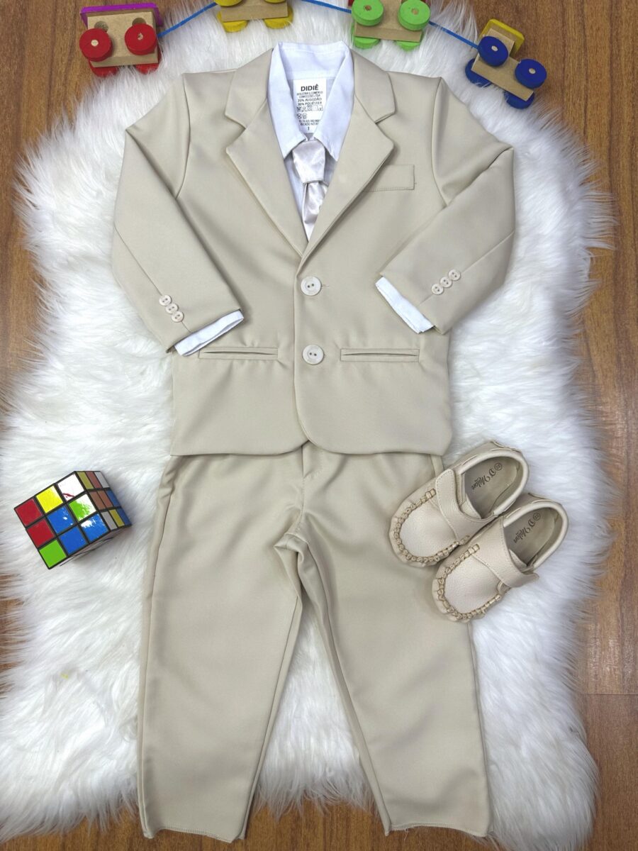 Terno Infantil Pajem Bege com Camisa Branca e Gravata