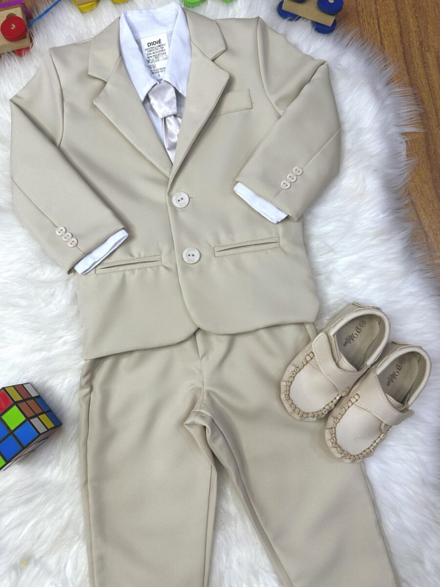 Terno Infantil Pajem Bege com Camisa Branca e Gravata