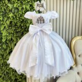 Vestido Infantil Branco Saia Tule Glitter e Cinto Pérolas