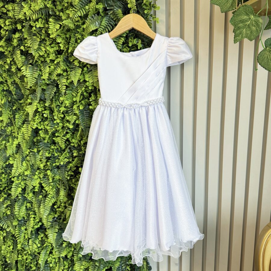 Vestido Infantil Branco Saia Tule Glitter e Cinto Pérolas