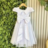 Vestido Infantil Branco Saia Tule Glitter e Cinto Pérolas