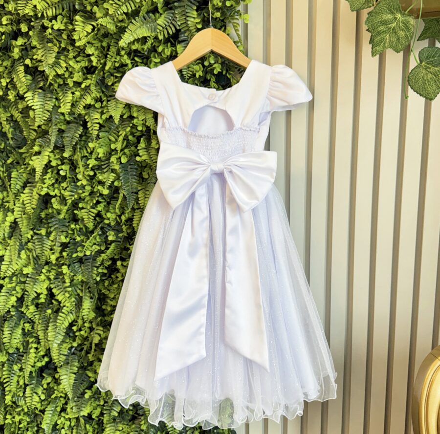 Vestido Infantil Branco Saia Tule Glitter e Cinto Pérolas